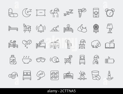 insomnia linear icons set includes pills moon pillow bed character and others vector illustration Stock Vector