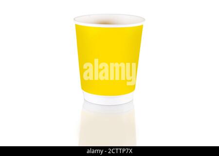 Colorful White red blue yellow Paper Cup close up mug, mock up isolated, for drink, coffee, white background zero waste eco Stock Photo