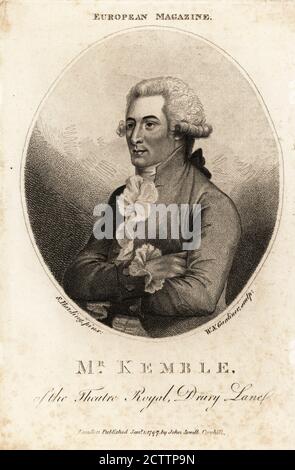 John Philip Kemble (1757-1823), English actor-manager at Drury Lane and Covent Garden theatres. Son of Roger Kemble, actor-manager of a touring troupe. In queue wig, jacket and shirt with frilled lace collar and cuffs. Oval portrait copperplate engraving from a painting by Sylvester Harding, engraved by William Nelson Gardiner, published in the European Magazine, J. Sewell, Cornhill, London, 1797. Stock Photo