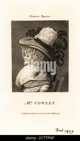 Mrs. Hannah Cowley (1743-1809), 18th century English dramatist and poetess, author of The Runaway, Who's the Dupe?, Albina and The Belle's Stratagem. Portrait of the writer in large bonnet with ribbons and feathers, big hair with ringlets, fichu over dress tied with ribbon. Copperplate engraving after a painting by Thomas Holloway from the European Magazine, John Sewell, Cornhill, 1789. Stock Photo