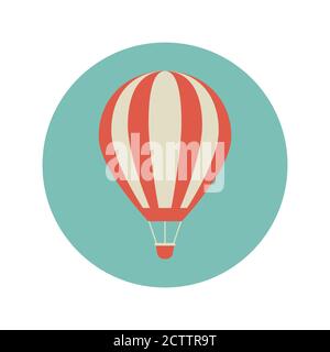 Red retro hot air balloon in the turquoise circle. Flat cartoon icon isolated on white. Vector background. Stock Vector