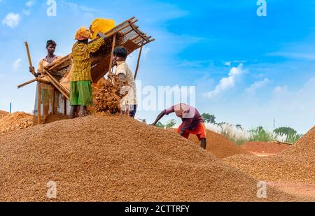 Durgapur/ India-September 24, 2020. Group of Local workers working on a Stone Field. Stock Photo