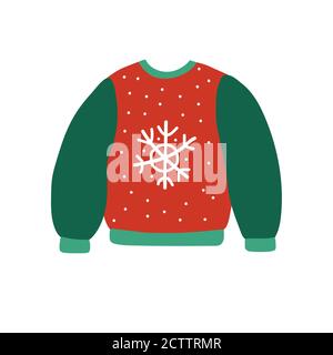cozy warm Winter sweater with white snowflake. Green and red outerwear. Cozy concept by Hugge. vector illustration isolated on white background. Stock Vector