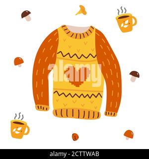 Hand drawn cartoon cozy sweater with patterns. There is a red heart in the midlle of sweater. Some mushrooms and cup are around. Stock Vector