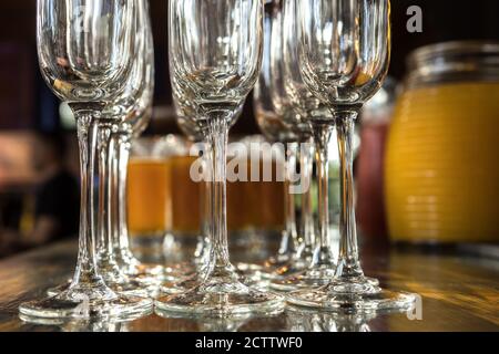 Empty glass glasses for sparkling wine in the light Stock Photo