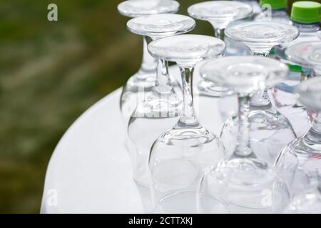 Fragment of table setting in the open air. Off-site event Stock Photo