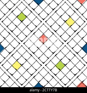 Vector waffle fabric effect seamless pattern background. Diagonal Bauhaus style grid backdrop with offset red, blue, yellow color squares. Hand drawn Stock Vector