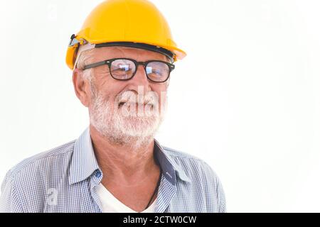 Professional engineer elder happy smile isolated on white background. Stock Photo