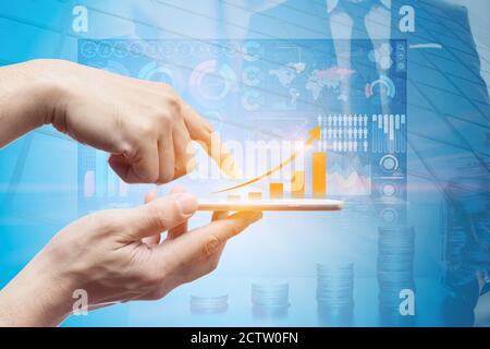 Smartphone touch screen overlay with business infographic technology chart step arrow up for communication rise profit wealth income concept Stock Photo