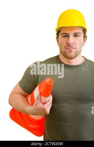 Young man with helmet and traffic cone Stock Photo