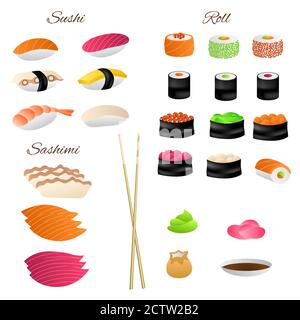Japanese food sushi vector illustration, Set of type seafood roll Stock ...