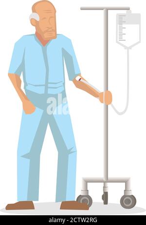 Old elderly patient walking with a drip on stand in the hospital. Vector illustration Stock Vector