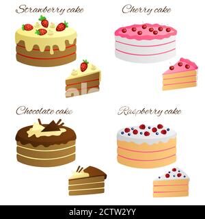 Cake raspberry strawberry chocolate cherry sweet food set illustration vector Stock Vector