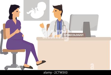 Young pregnant woman with a gynecologist at the hospital. Doctor giving advice to mother expecting a child. Vector illustration. Stock Vector