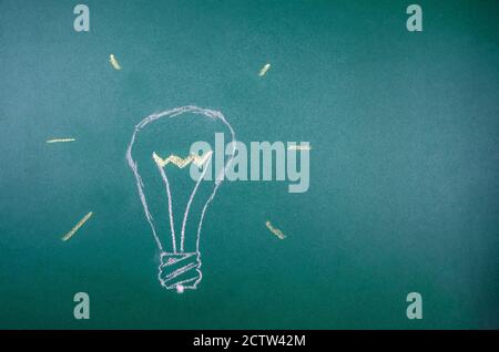 Chalk hand-drawn light bulb on a green Board, copy space. concept of ideas, thoughts, light Stock Photo