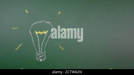 Chalk hand-drawn light bulb on a green Board, copy space. concept of ideas, thoughts, light Stock Photo