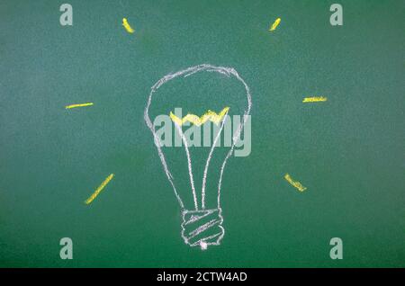 Close-up of a hand-drawn light bulb on a green Board. concept of ideas, thoughts, light Stock Photo
