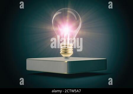 Lightbulb floating over stand. Could be illustarion of brainstorming or new ideas comming. Stock Photo