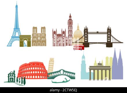 Sights and landmarks in Europe Stock Vector