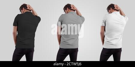 Mockup of men's polo on a guy in black jeans, with a hand behind his head, stylish clothes for advertising, design presentation, back view. Blank text Stock Photo