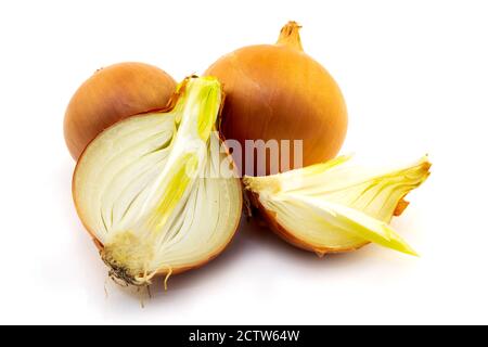 whole and sliced onion bulbs isolated on a white background Stock Photo