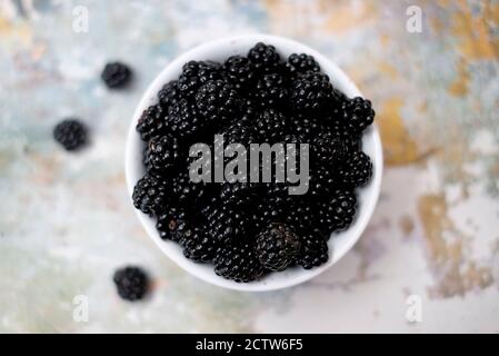 freshly picked organic blackberries on faded kitchen work surface, norfolk, england Stock Photo