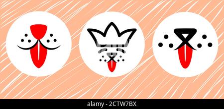 Dog with red tongue logo set. Cute happy pet with smile face line design. Doggy flat abstract element vector. Animal graphic character illustration. Stock Vector