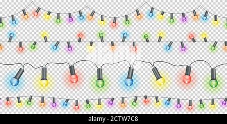 seamless light strings with burning bulbs in different colors and transparency in vector file Stock Vector