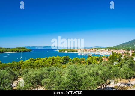 Olive trees and beautiful Adriatic seascape, sail boat in lagoon on the island of Cres in Croatia Stock Photo