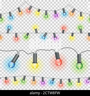 seamless light strings with burning bulbs in different colors and transparency in vector file Stock Vector
