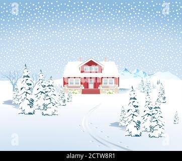 Winter landscape with country house, - vector illustration Stock Vector