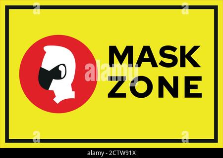 Mask zone warning prevention sign - human profile silhouette with face mask in yellow square frame - isolated vector information picture Stock Vector