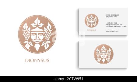 Man face logo with grape berries and leaves. Bacchus or Dionysus. Antique style for winemakers or wines. Stock Vector