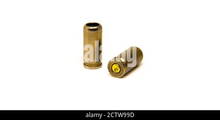 Brass bullet shells, 38 size for revolver handgun, studio shot Stock Photo