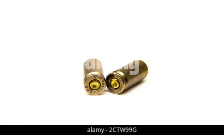 Brass bullet shells, 38 size for revolver handgun, studio shot Stock Photo