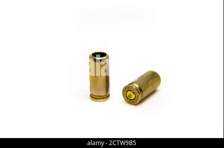 Brass bullet shells, 38 size for revolver handgun, studio shot Stock Photo