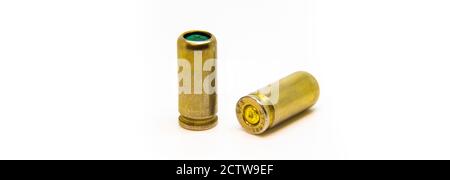 Brass bullet shells, 38 size for revolver handgun, studio shot Stock Photo