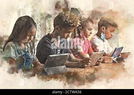 Digital watercolor image four diverse kids pulling down facemasks sit at table use gadgets ignoring each other prefer internet games. Alpha generation Stock Photo