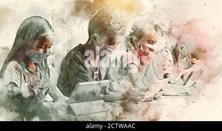 Four diverse kids wear facemasks sit at table use wireless gadgets ignoring each other prefer internet games. Alpha generation and modern technology o Stock Photo