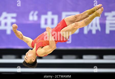 Zhaoqing, China's Guangdong Province. 25th Sep, 2020. Sun Wei of Jiangsu competes during the floor exercise match of men's individual all-round final at the 2020 Chinese National Artistic Gymnastics Championships in Zhaoqing, south China's Guangdong Province, Sept. 25, 2020. Credit: Cheng Min/Xinhua/Alamy Live News Stock Photo