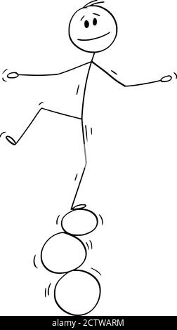 Vector cartoon stick figure drawing conceptual illustration of man or businessman balancing on three rings, balls or stones. Stock Vector