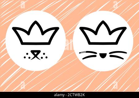 Pets in crown logo. Royal cat and dog black sign on white background. Cute kitty and puppy happy in luxury style. Line drawing animal head king. Kingdom animals icon element vector. Stock Vector