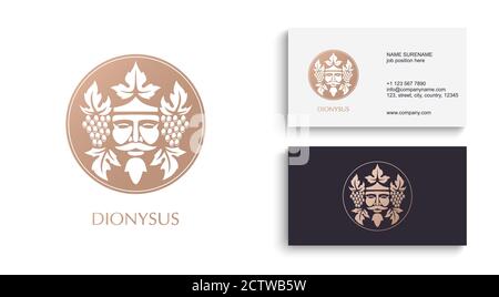 Man face logo with grape berries and leaves. Bacchus or Dionysus. Antique style for winemakers or wines. Stock Vector