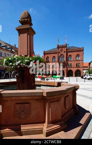 Tauberbischofsheim: Town square with market fountain and townhall, Main-Tauber District, Baden-Wuerttemberg, Germany Stock Photo