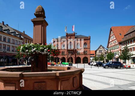 Tauberbischofsheim: Town square with market fountain and townhall, Main-Tauber District, Baden-Wuerttemberg, Germany Stock Photo