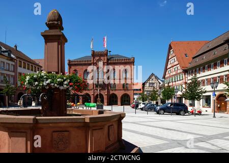 Tauberbischofsheim: Town square with market fountain and townhall, Main-Tauber District, Baden-Wuerttemberg, Germany Stock Photo