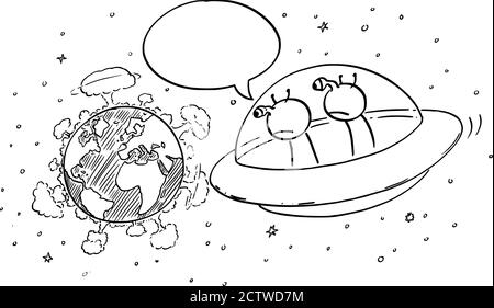 Vector cartoon stick figure drawing conceptual illustration of two funny aliens in UFO or flying saucer watching planet Earth from space, nuclear war explosion on the surface, destruction of mankind and commenting it. Comic strip. Stock Vector