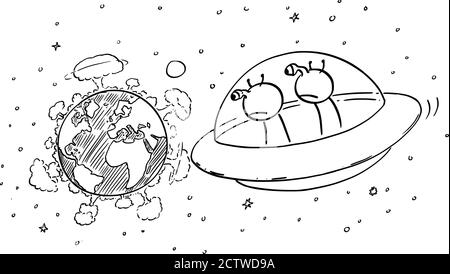 Vector cartoon stick figure drawing conceptual illustration of two funny aliens in UFO or flying saucer watching planet Earth from space, nuclear war explosion on the surface, destruction of mankind. Stock Vector