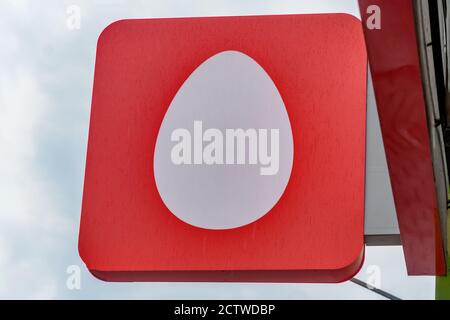 Mogilev, Belarus-August 19, 2020: white egg sign on a red background on a building close-up, MTS sign. Stock Photo