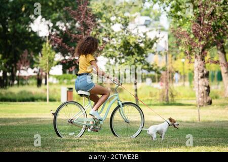 Selective focus of young woman holding jack russell terrier on leash while cycling in park Stock Photo